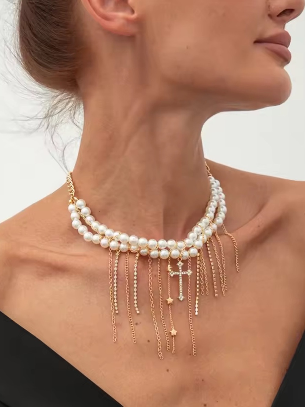 Kohl's Gold and White Pearl Fringe Choker with Cross and Star Charms